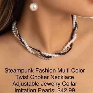 Steampunk fashion pearl necklace with adjustable length